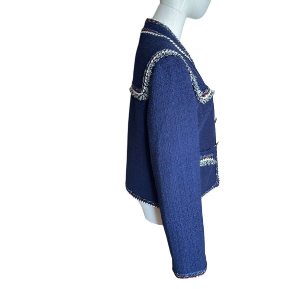Boston Proper Navy Tweed Jacket Size 6 – Braided Trim & Star Buttons - Picture 4 of 7